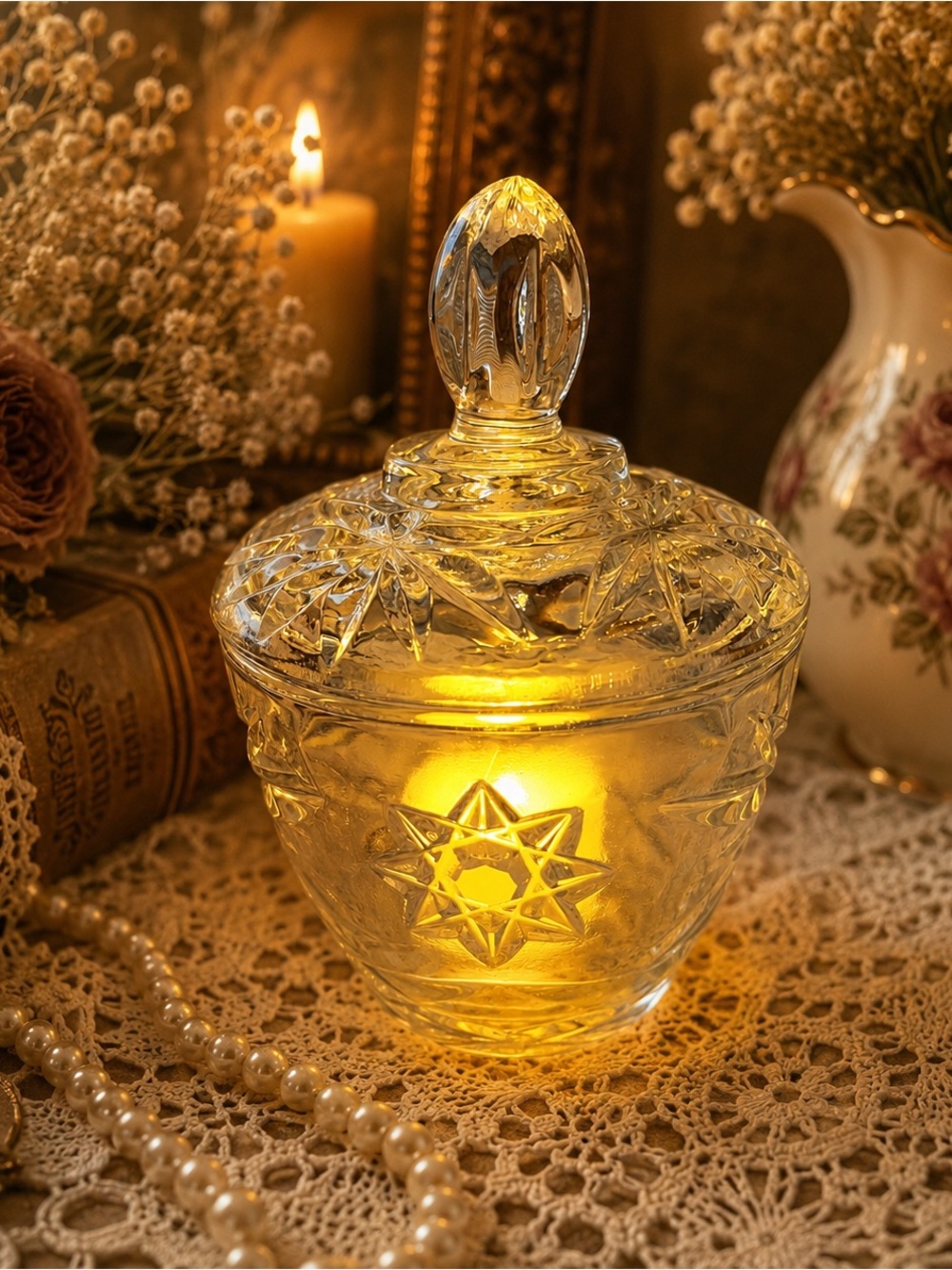 Vintage Anchor Hocking Star Covered Sugar Bowl Fairy Lamp